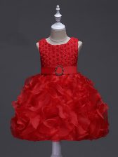 Cute Ruffles and Belt Little Girls Pageant Gowns Red Lace Up Sleeveless Knee Length