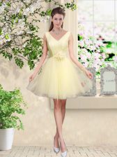 Light Yellow A-line Tulle V-neck Sleeveless Lace and Belt Knee Length Lace Up Damas Dress