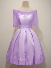 Affordable Lavender A-line Lace Damas Dress Lace Up Taffeta Short Sleeves Knee Length