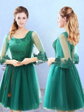  Scoop 3 4 Length Sleeve Quinceanera Dama Dress Knee Length Lace and Appliques Green Tulle