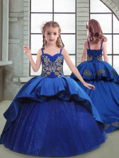  Embroidery Teens Party Dress Royal Blue Lace Up Sleeveless Brush Train