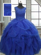 Chic Royal Blue Lace Up Quince Ball Gowns Ruffles and Sequins Sleeveless Floor Length