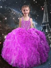  Fuchsia Sleeveless Floor Length Beading and Ruffles Lace Up Kids Pageant Dress