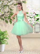 Low Price A-line Dama Dress Apple Green Halter Top Tulle Sleeveless Knee Length Lace Up