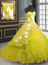 Extravagant Lace Up Quinceanera Gown Yellow for Military Ball and Sweet 16 and Quinceanera with Embroidery and Ruffles Brush Train