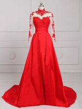  Backless Prom Dresses Red for Prom and Party and Military Ball with Lace and Appliques Brush Train