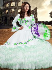 Clearance White Lace Up Sweet 16 Dress Embroidery and Ruffled Layers Long Sleeves Floor Length