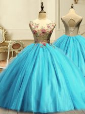 Latest Sleeveless Tulle Floor Length Lace Up 15th Birthday Dress in Aqua Blue with Appliques and Sequins