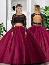 Admirable Fuchsia Backless Scoop Lace and Ruching Sweet 16 Quinceanera Dress Tulle Long Sleeves