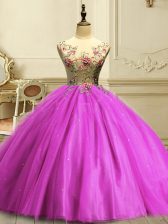 High End Appliques and Sequins Quinceanera Dresses Fuchsia Lace Up Sleeveless Floor Length