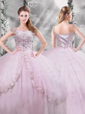  Cap Sleeves Brush Train Beading and Appliques Side Zipper Sweet 16 Quinceanera Dress