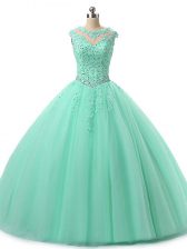  Tulle Scoop Sleeveless Lace Up Beading and Lace Quinceanera Gowns in Apple Green