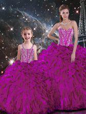 Sophisticated Sleeveless Floor Length Beading and Ruffles Lace Up Quinceanera Gown with Fuchsia