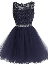 Designer Sleeveless Mini Length Beading and Lace and Appliques and Ruffles Zipper Dress for Prom with Navy Blue