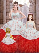 Discount Floor Length White And Red 15th Birthday Dress Organza Sleeveless Beading and Appliques and Ruffles