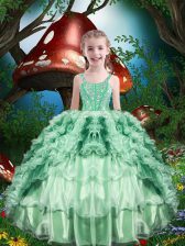  Apple Green Organza Lace Up Straps Sleeveless Floor Length Little Girl Pageant Dress Beading and Ruffles and Ruffled Layers