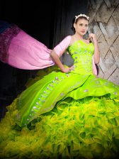 Pretty Yellow Green Organza Lace Up Sweetheart Sleeveless Sweet 16 Dresses Brush Train Embroidery and Ruffles