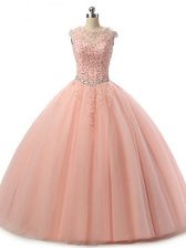  Floor Length Lace Up Sweet 16 Dresses Peach for Military Ball and Sweet 16 and Quinceanera with Beading and Lace