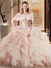  Peach Tulle Lace Up Quince Ball Gowns Sleeveless Brush Train Beading and Ruffles