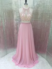 Clearance Pink Sleeveless Chiffon Brush Train Zipper Prom Party Dress for Prom and Party and Military Ball