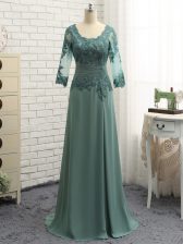  Floor Length Green Dress for Prom Scalloped Long Sleeves Zipper