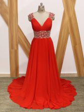 Fantastic V-neck Sleeveless Brush Train Backless Prom Party Dress Red Chiffon