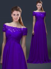 Noble Purple Chiffon Lace Up Prom Dresses Short Sleeves Floor Length Appliques