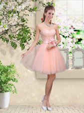  Sleeveless Lace Up Knee Length Lace and Belt Quinceanera Court Dresses