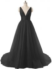 Fashion Sleeveless Ruching Backless Dress for Prom with Black Sweep Train