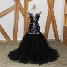  Brush Train Mermaid Dress for Prom Black Sweetheart Tulle Sleeveless Lace Up