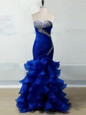 Most Popular Beading and Ruffles and Ruching Dress for Prom Royal Blue Zipper Sleeveless Floor Length