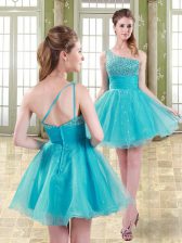  Aqua Blue A-line Beading Evening Dress Zipper Organza Sleeveless Mini Length