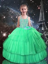  Apple Green Sleeveless Floor Length Beading and Ruffled Layers Lace Up Little Girls Pageant Gowns