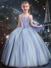 New Style Light Blue Ball Gowns Tulle Straps Sleeveless Beading Floor Length Lace Up Toddler Flower Girl Dress