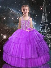  Straps Sleeveless Kids Formal Wear Floor Length Beading and Ruffled Layers Lilac Organza
