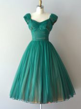 Modest V-neck Cap Sleeves Quinceanera Court of Honor Dress Knee Length Ruching Teal Chiffon