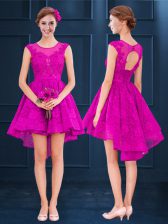Deluxe High Low Fuchsia Vestidos de Damas Satin and Tulle Sleeveless Lace and Belt