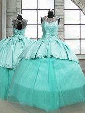  Tulle Scoop Sleeveless Brush Train Lace Up Beading Sweet 16 Dress in Turquoise