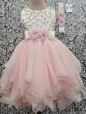 Unique Sleeveless Chiffon Asymmetrical Backless Toddler Flower Girl Dress in Baby Pink with Beading and Hand Made Flower