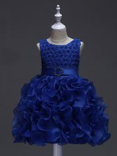  Royal Blue Organza Lace Up Child Pageant Dress Sleeveless Knee Length Ruffles and Belt