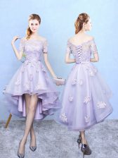Clearance Off The Shoulder Short Sleeves Court Dresses for Sweet 16 High Low Lace Lavender Tulle