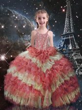 Elegant Watermelon Red Organza Lace Up Juniors Party Dress Short Sleeves Floor Length Beading and Ruffled Layers