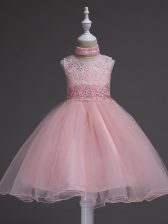 Amazing Ball Gowns Toddler Flower Girl Dress Baby Pink Scoop Organza Sleeveless Knee Length Zipper