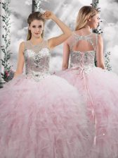 Graceful Baby Pink Scoop Neckline Beading and Ruffles 15 Quinceanera Dress Sleeveless Lace Up