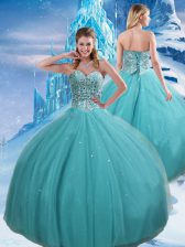 Best Sweetheart Sleeveless Quinceanera Dress Floor Length Beading and Sequins Aqua Blue Tulle