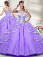 Custom Made Lavender Tulle Zipper Scoop Sleeveless Floor Length Sweet 16 Quinceanera Dress Beading