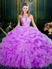  Lilac Organza Lace Up Halter Top Sleeveless Floor Length Quince Ball Gowns Beading and Ruffles and Pick Ups