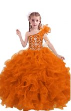  Orange Red Ball Gowns One Shoulder Sleeveless Organza Floor Length Lace Up Beading and Ruffles Custom Made