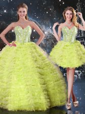  Yellow Green Sweetheart Lace Up Beading and Ruffles Ball Gown Prom Dress Sleeveless