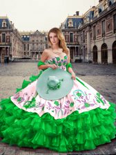  Green Organza and Taffeta Lace Up Sweetheart Sleeveless Floor Length Quinceanera Gown Embroidery and Ruffled Layers